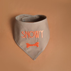 beżowa apaszka dla psa z pomarańczowym imieniem snowy